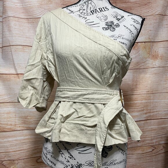 One Shoulder Tie Waist Belt PEPLUM Crinkle Top Blouse‎ Women's Small - Picture 1 of 7
